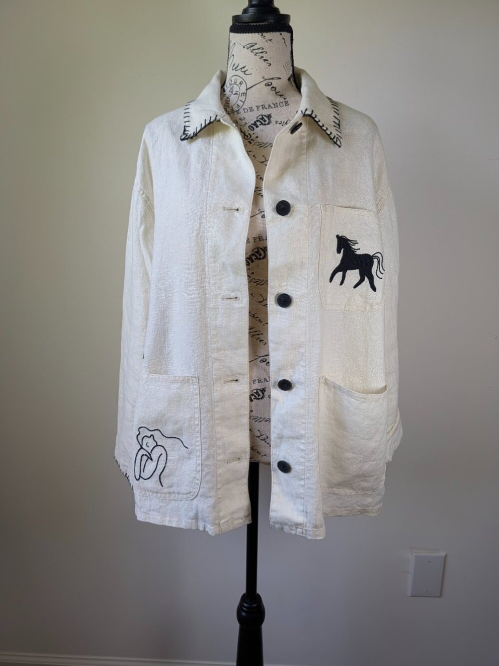 ZARA ZW Collection Embroidered Linen Overshirt – Oyster White (Size M) - Picture 3 of 8